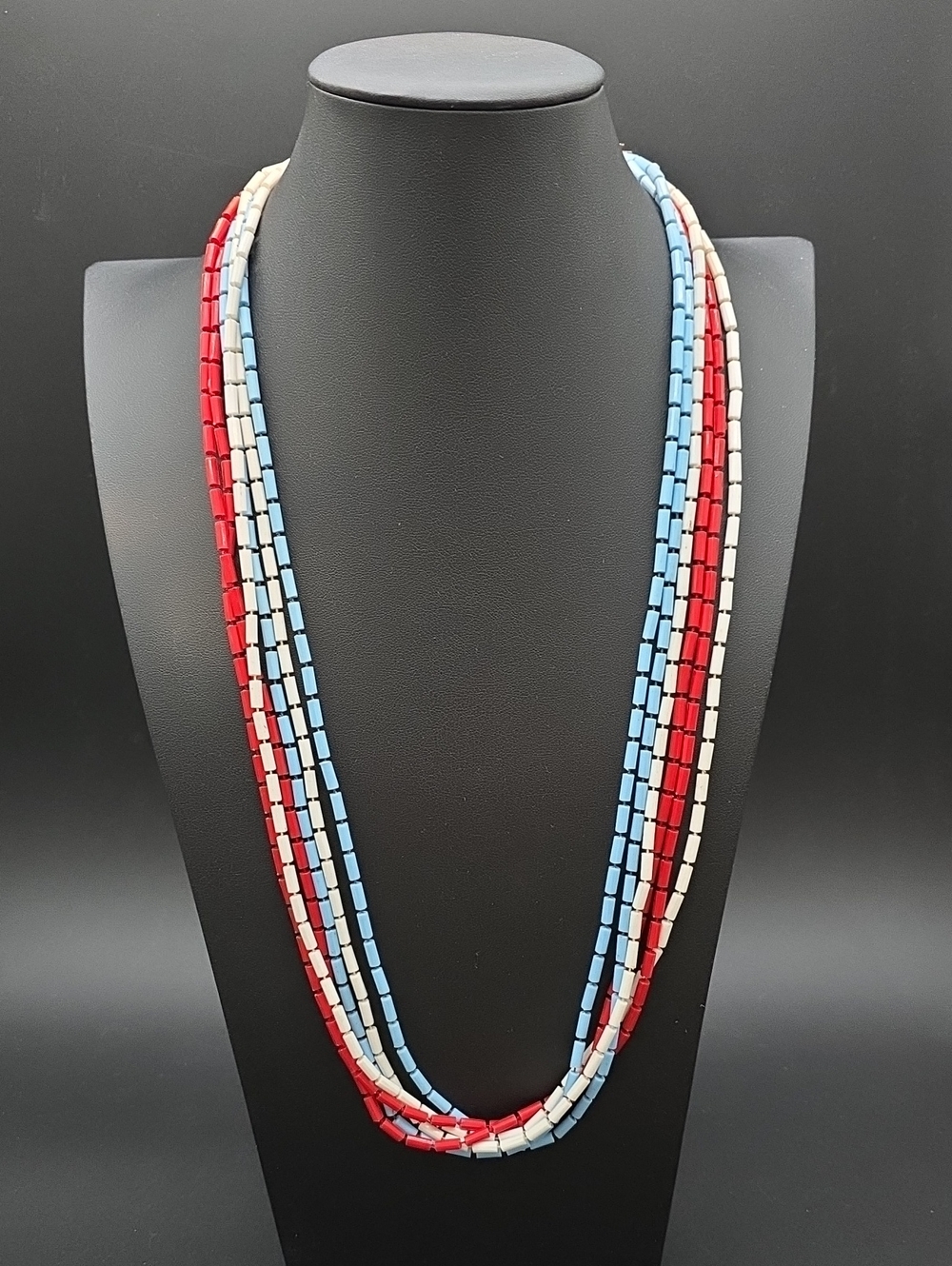 Vintage Sarah Cov Six-Strand Red, White & Light Blue Beaded Women's Necklace